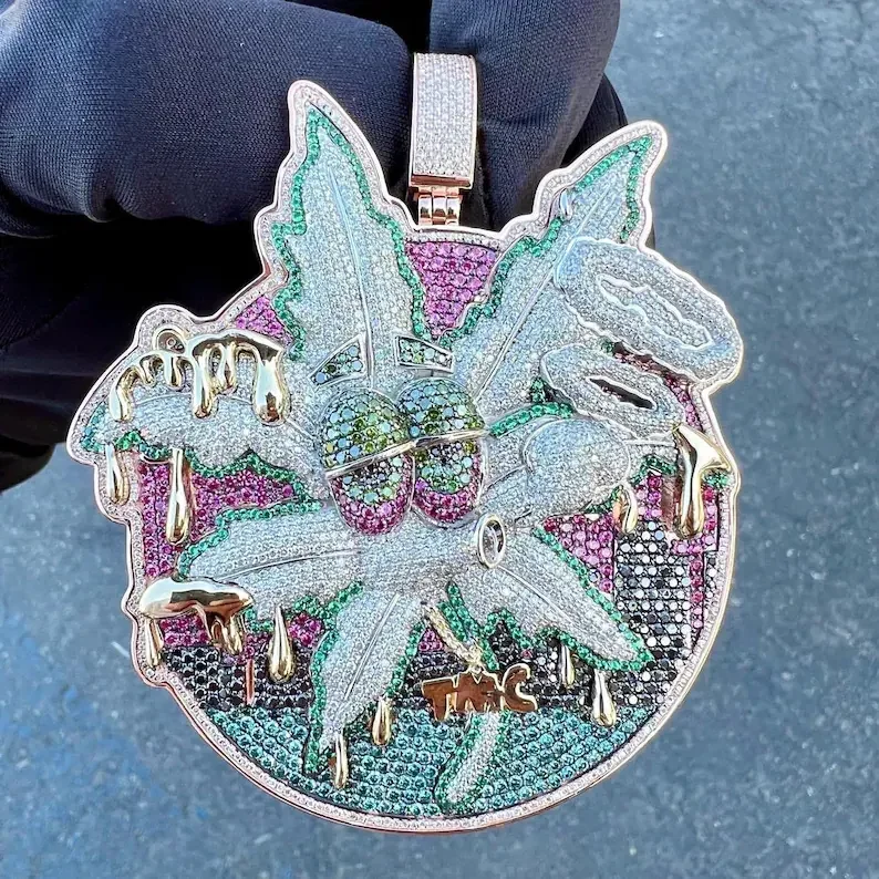 LYEE CYEE Luxury Iced Out Multicolored Zircon Dripping Weed Pendant 3D Eye Necklace Hip Hop Style Rapper Party Jewelry