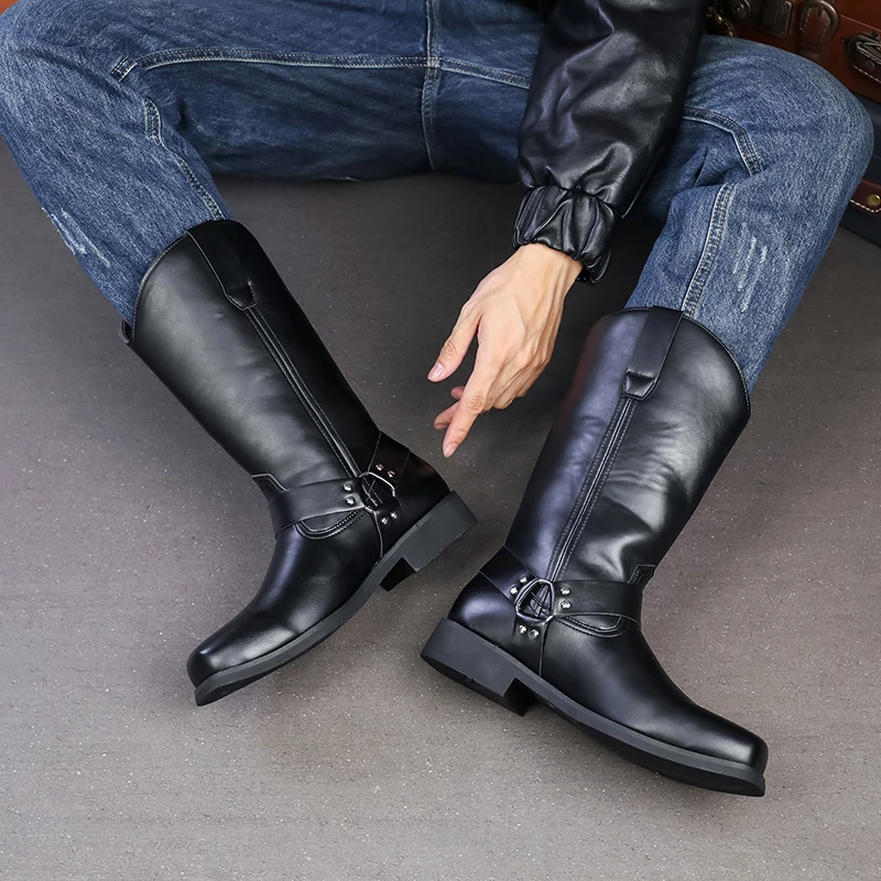 Retro Cowboy Mid Calf Western Pu Leather Man Slip on Shoes Winter Knight Booties Plus Size 38-46 Zapatos Hombre Chelsea Men