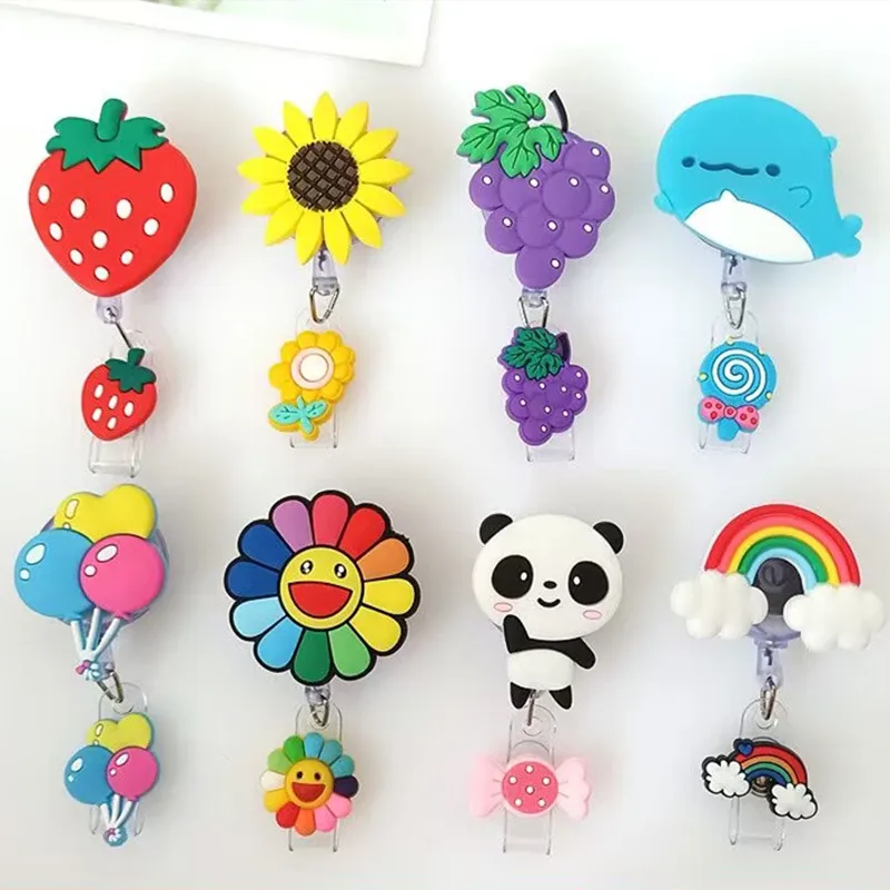 2023 New Design 1 Piece Soft Silicone Rectractable Nurse Badge Reel Anime Flowers Rainbow Panda Cat Paw ID Card Holder Lanyard