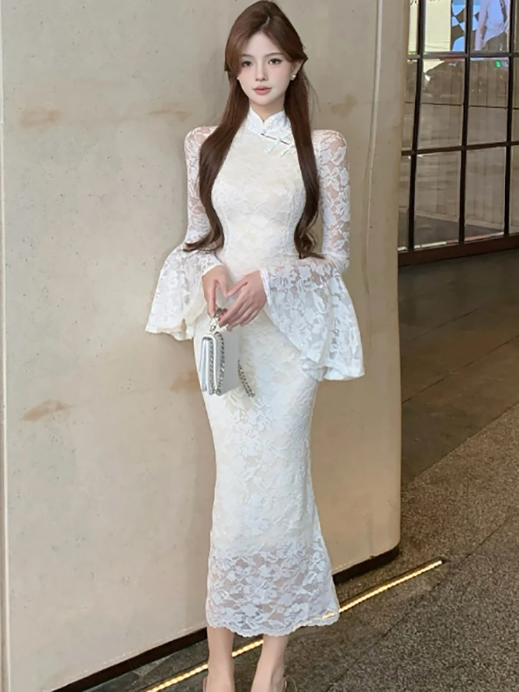 

Women Korean Vintage Luxury Long Dress Autumn White Lace Jacquard Flare Sleeve Dress 2025 Korean Elegant Bodycon Festival Dress