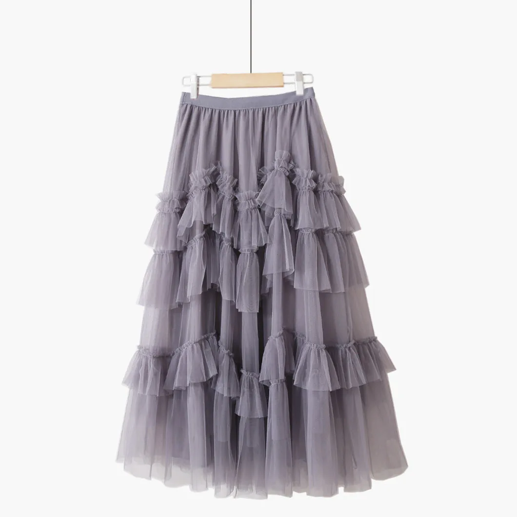 Womens Gray Flowy Tiered Mesh Tulle Skirts Elastic High Waist Multi Layer Irregular Ruffles Fairy A-Line Flowy Maxi Skirt Female