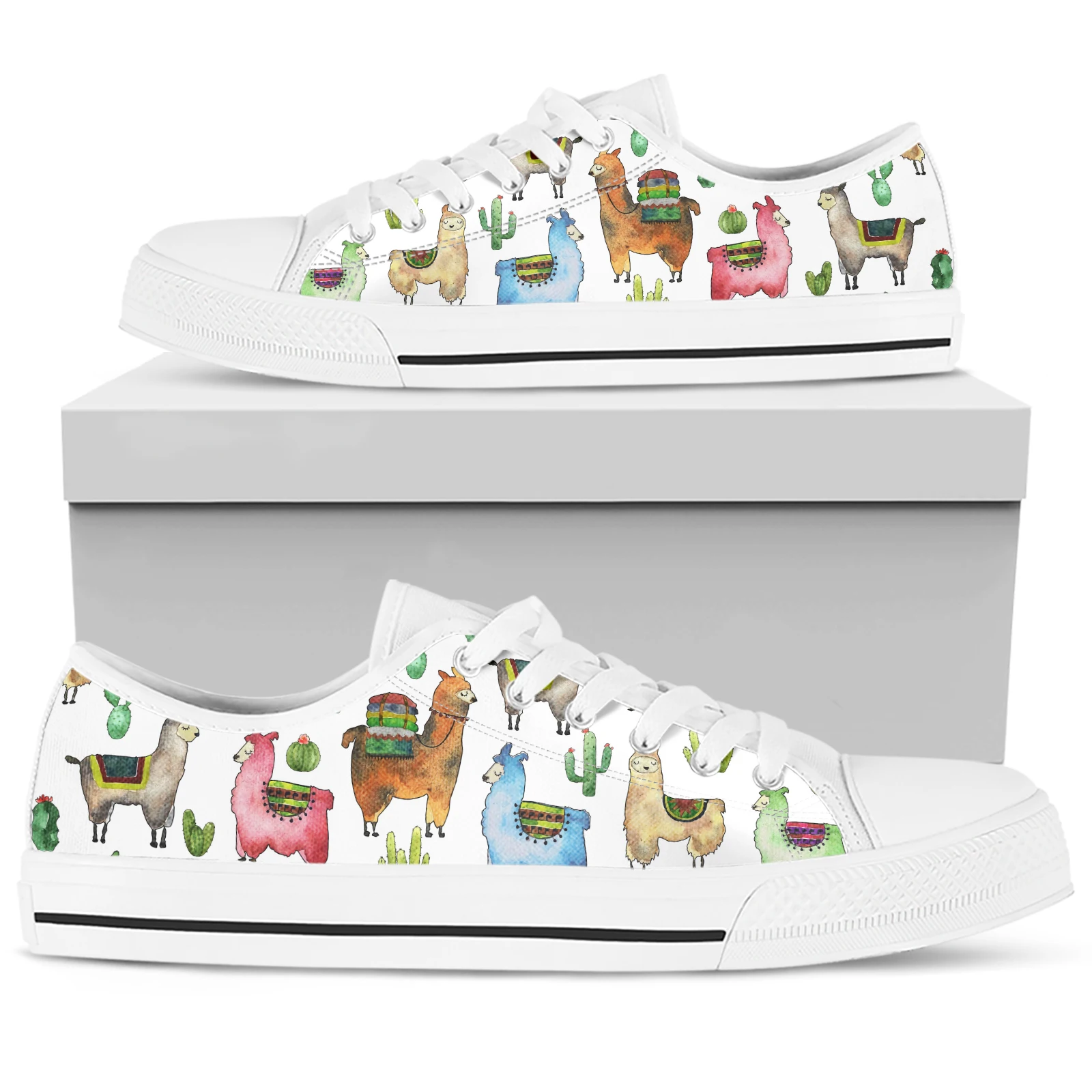 ELVISWORDS White Alpaca Printed Shoes Cute Cartoon Alpaca Design Cactus Printed Shoes Animal Shoes Demand Custom Shoes Zapatos