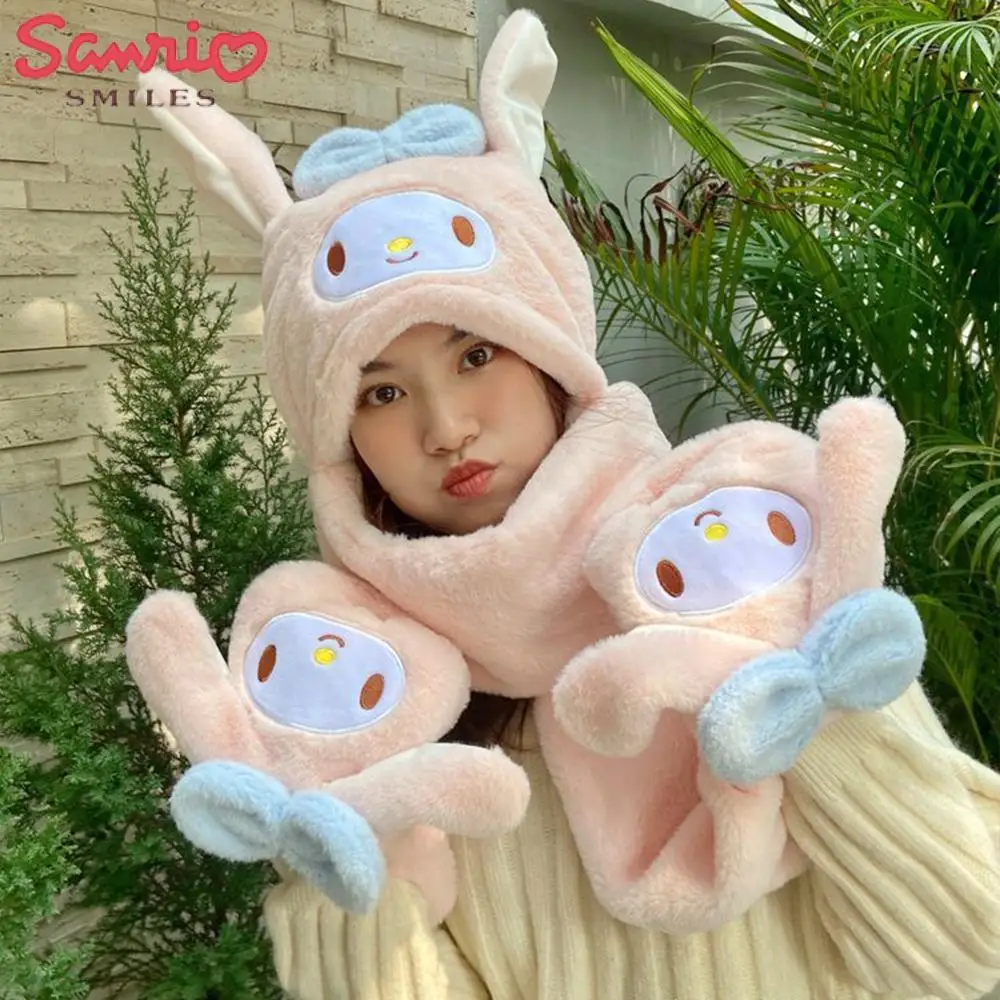 Topi, Syal, dan Sarung Tangan Boneka Cinnamoroll dengan Telinga Bergerak, Sanrio Kawaii Kuromi, Musim Dingin, Tebal, Lucu, Hangat, Hadiah untuk Pacar, Festival