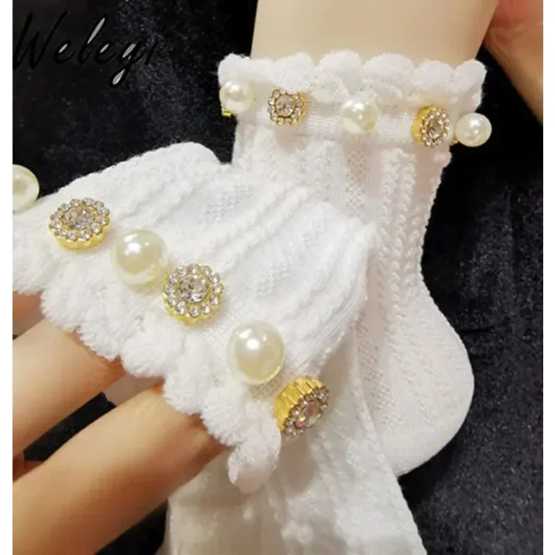 

High End Princess Cute Girl Pearls Rhinestones Socks 2024 Sweet Pearl Diamond Bubble Pattern Mesh Pure Cotton Socks for Women