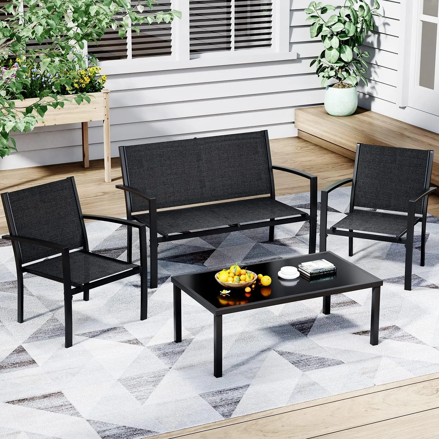 Greesum 4 Pieces Patio Furniture Set, Outdoor Conversation Sets for Patio, Lawn, Garden, Poolside with A Glass Coffee Table, Bla