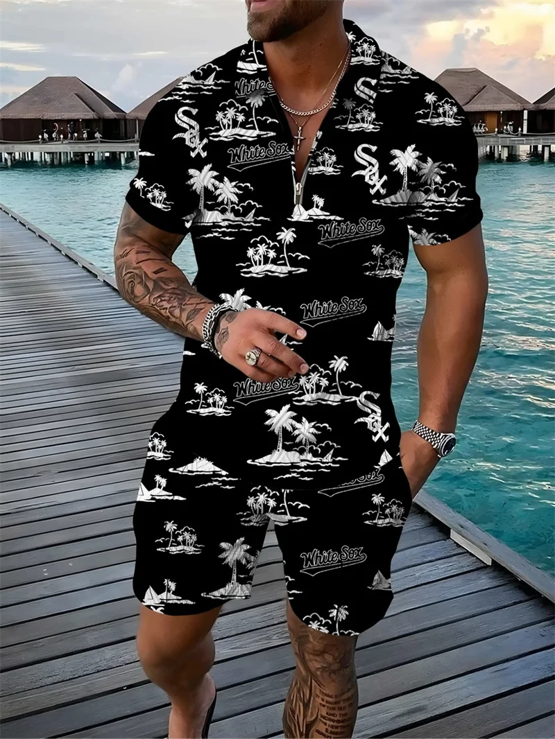 Hawaiian Style Floral 3D Print Men's Zipper Collar Tracksuit Trend Polo Shirt Fashion Shorts 2pcs Sets Men's Streetwear Set