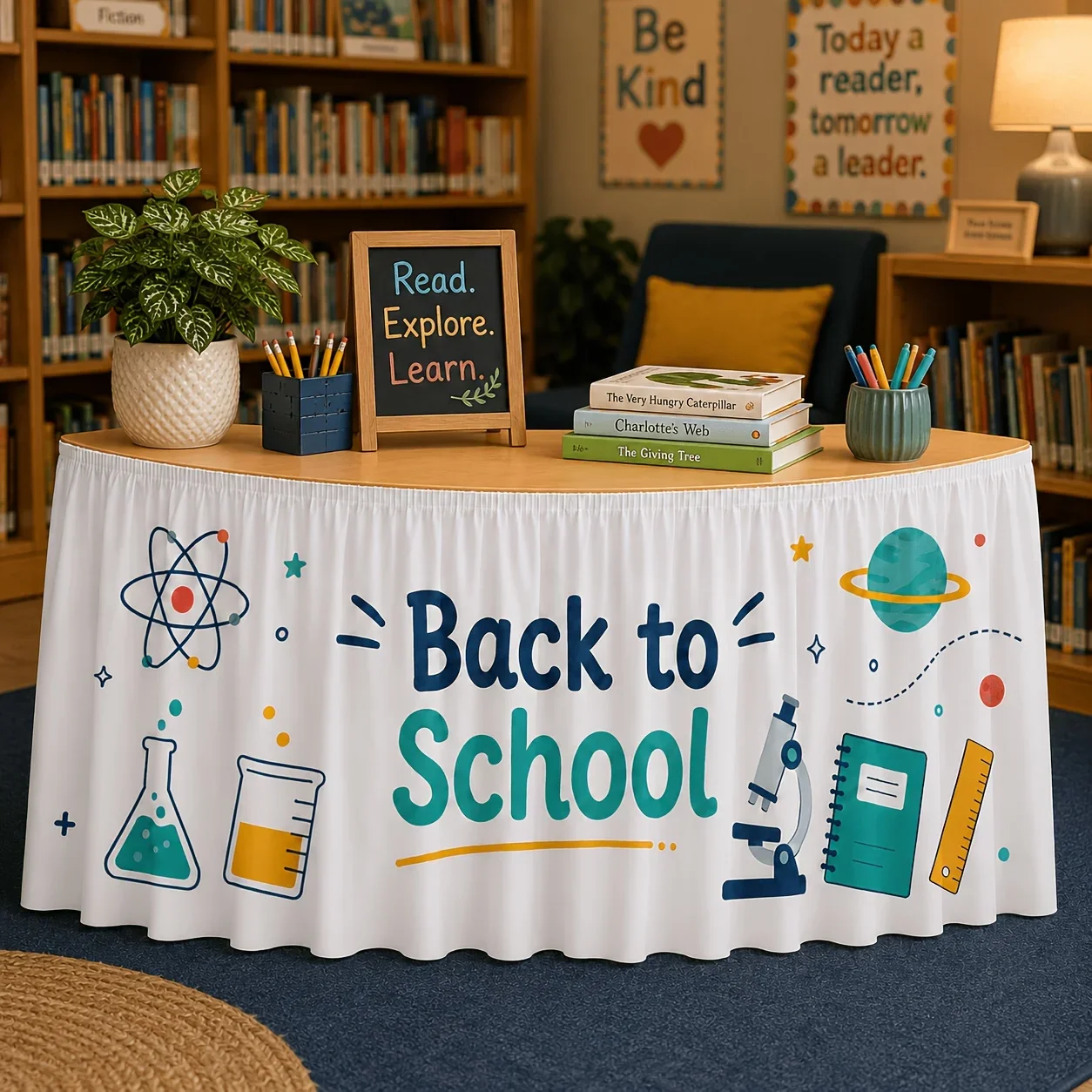 One tablecloth or table skirt. Back-to-school season science-themed table skirt.