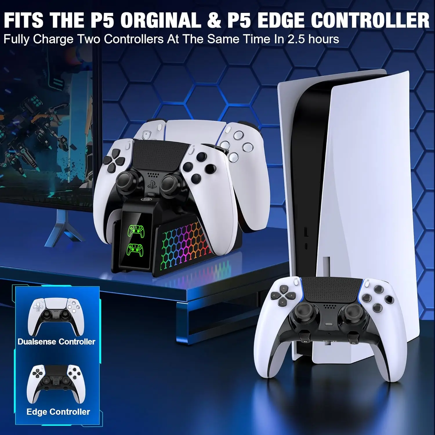 Caricabatterie per controller BEBONCOOL per controller PS5 Dualsense e Edge con indicatore LED Dock per caricabatterie doppio supporto per controller PS5