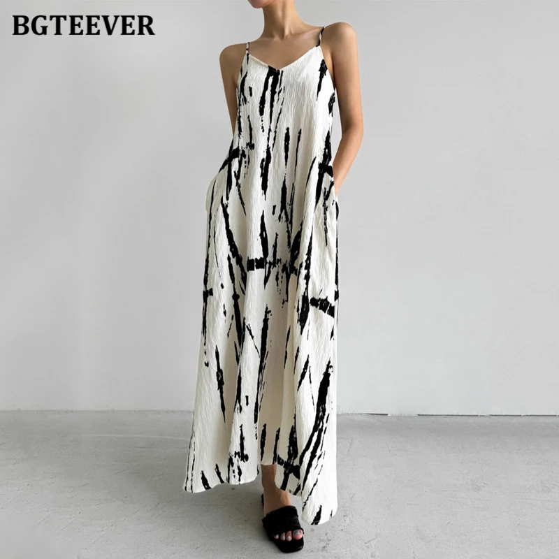 

BGTEEVER Stylish V-neck Spaghetti Strap Female Printed Dress Summer Elegant Loose Pockets Women Long Dress