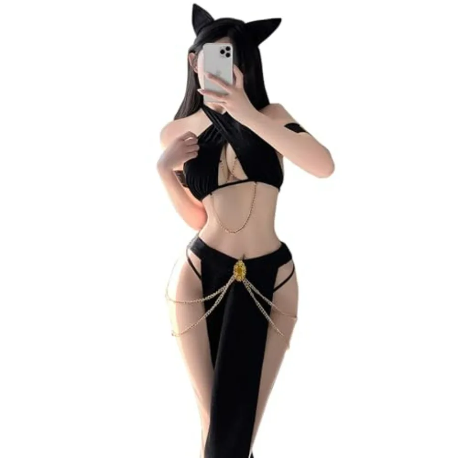 

JasmyGirls Sexy Cosplay Lingerie Cat Egyptian Cleopatra Costume Halloween Princess Leia Outfit Slave Dress