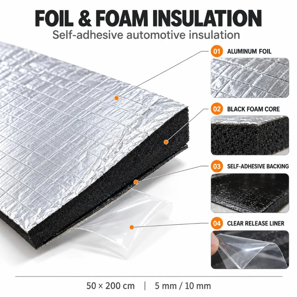 50x200cm Self Adhesive Aluminum Foil Sound Heat Insulation Foam Roll 5/10mm Thickness Soundproof Pad for Car Door Floor Trunk