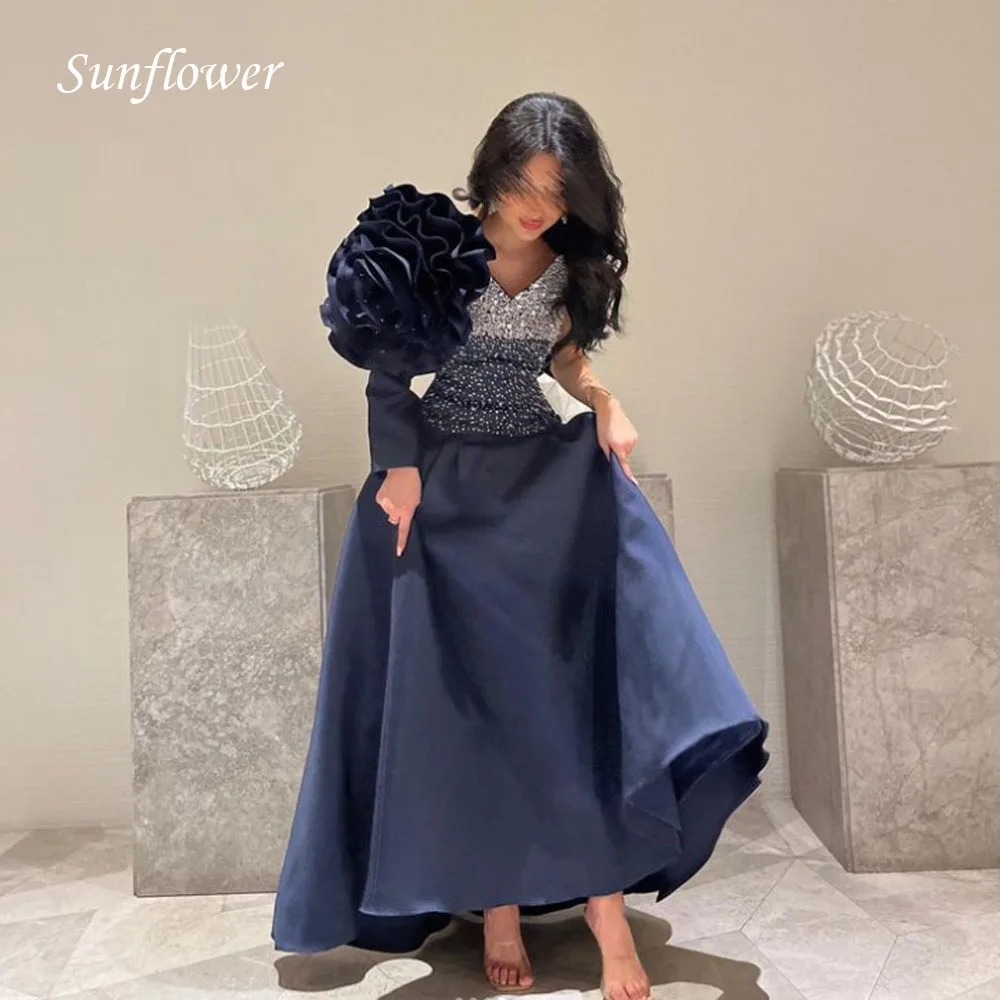 Sunflower V-Neck Prom Gowns One-Shoulder Flowers A-LINE Evening Dresses Long Sleeve Satin Party Dress 2023 Slim High-end Custom