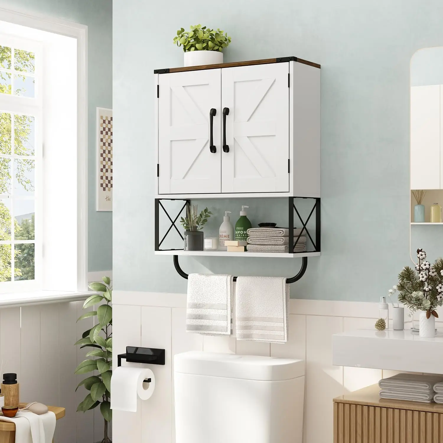 خزانة أدوية المزرعة مع أبواب الحظيرة، ورف قابل للتعديل وبار المناشف، وتخزين الحمام من خشب الجوز الأبيض