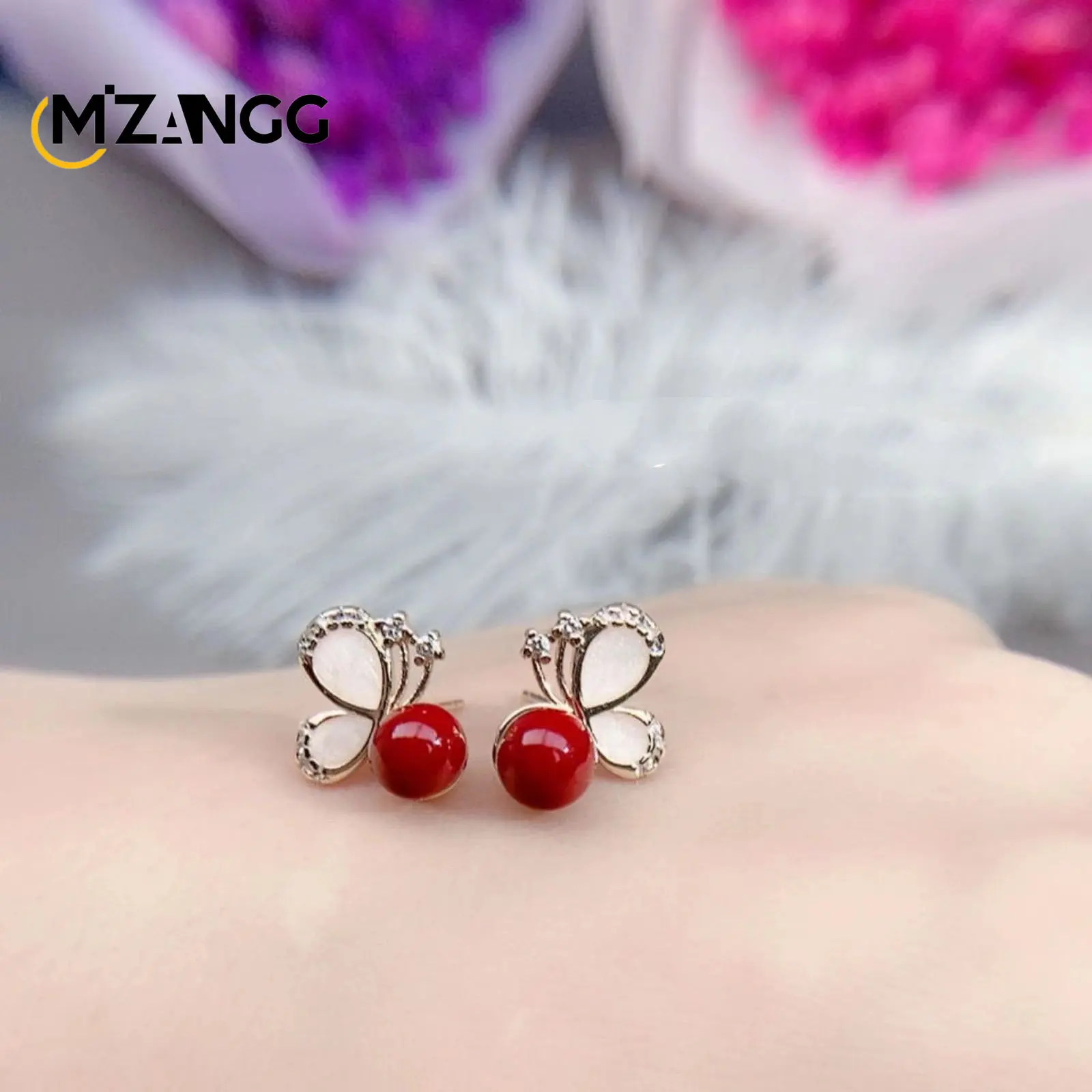 Natural Cinnabar Earrings Chinese Carved Rose Flowers Butterfly Ear Stud Lucky Amulet Temperament Fashion Jewelry Ladies Gifts