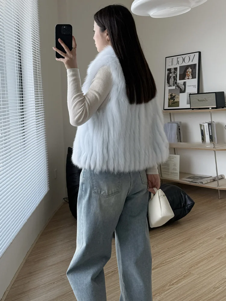 2023 neue frauen Flauschigen Echten Fuchs Pelz Ärmellose Weste Natürliche Pelz Stirp Genäht Toghter Weste Luxus Oberbekleidung Jacken
