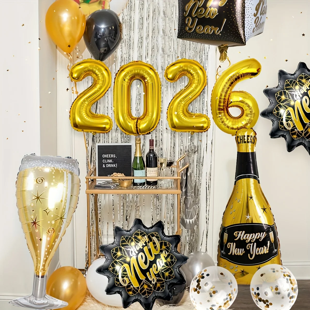 10 قطعة 2026 سنة جديدة سعيدة الأسود الذهبي احباط بالونات زجاجة نبيذ كؤوس الشمبانيا الذهبي ستار احباط بالونات الطرف الديكور