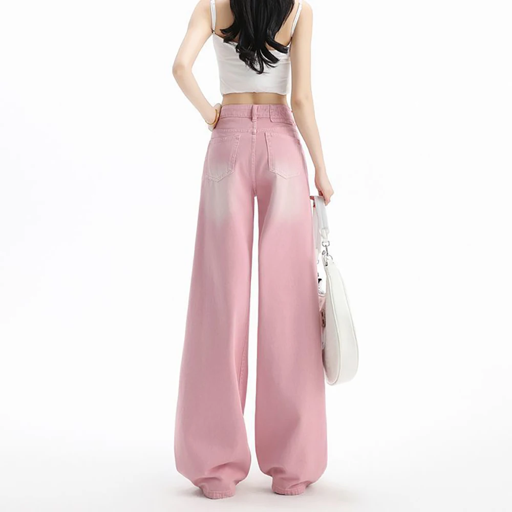 Pantaloni in denim rosa sfumato alla moda per donna Jeans classici dritti a gamba larga Streetwear 2026 Pantaloni larghi casual della nuova primavera