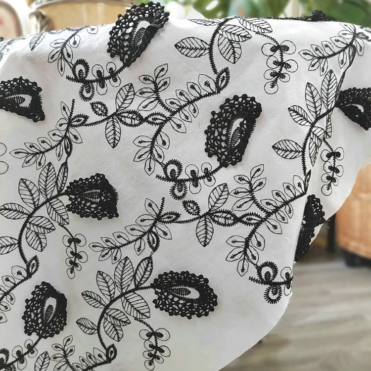 

Высококачественная черная линия, цветочная 3D вышитая жаккардовая ткань из чистого хлопка для одежды «сделай сам», домашнего декора, дизайнерских тканей