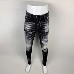 Designer street fashion men's black gray jeans, high-quality stretch slim fit painted corrugated jeans, retro hip-hop brand pant