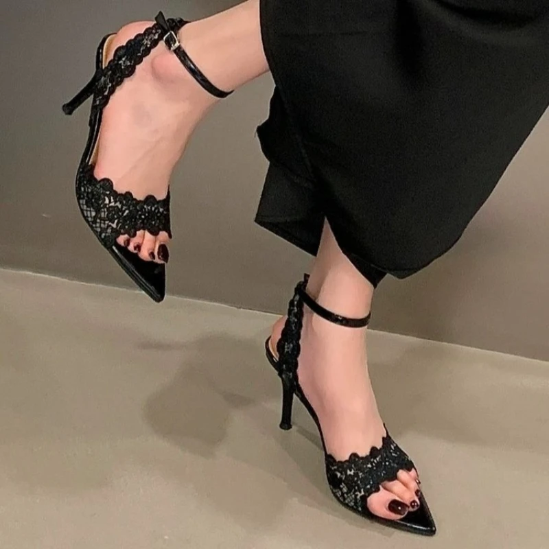 

Summer Women's High-Heeled Pointed-Toe Lace-Up Casual Sandals Luxury Metal Designer Sexy Open-Toe Womens Sandals Sandalias Mujer