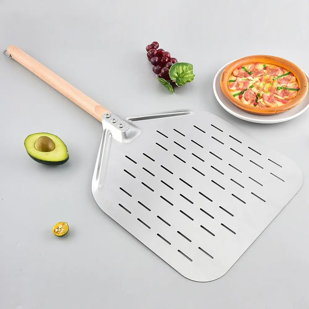 Pala para Pizza de 12 pulgadas, mango de madera de acero inoxidable, herramienta de torneado de Pizza, utensilios perforados antiescaldado para hornear, torneado de Pizza