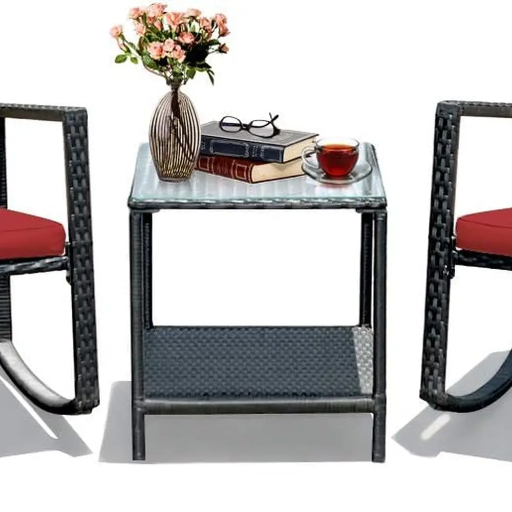

Patio Rattan Rocking Chair Set, Outdoor Conversation Furniture Sets with Coffee Table, Storage Shelf and Cushions, Modern Bistro