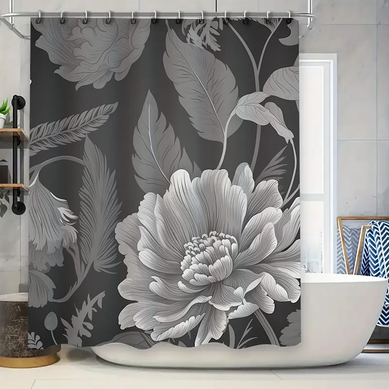 

Luxury Floral Shower Curtain Waterproof Home Decor Bathroom Liner with Rod Grey White Design (304x185cm)
