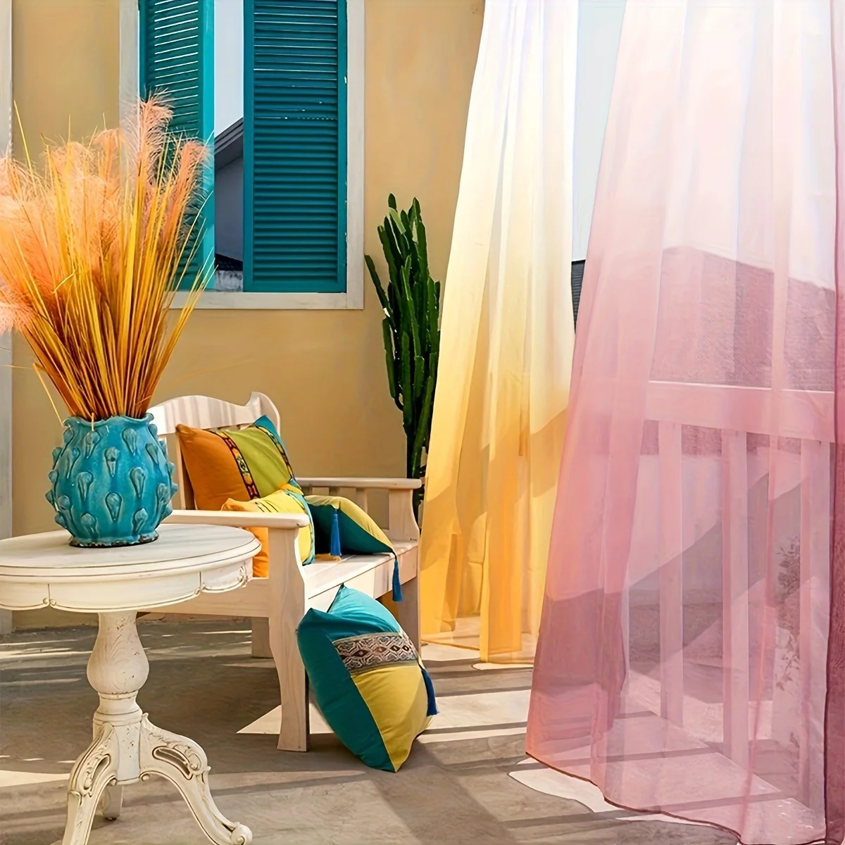 1Panel, Gradient Colorful Gauze Curtain, Top Rod Hanging, Translucent Decorative Partition Gauze Curtain, Pastoral Modern Bedroom Living Room, Mediterranean Style Outdoor Balcony Decorative Curtain