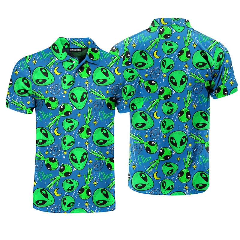 Fashion Full Print Alien Pattern Polo Shirt For Men\'s Clothes Lapel Button Hawaii Shirts Funny Leisure Harajuku Trend Golf Top