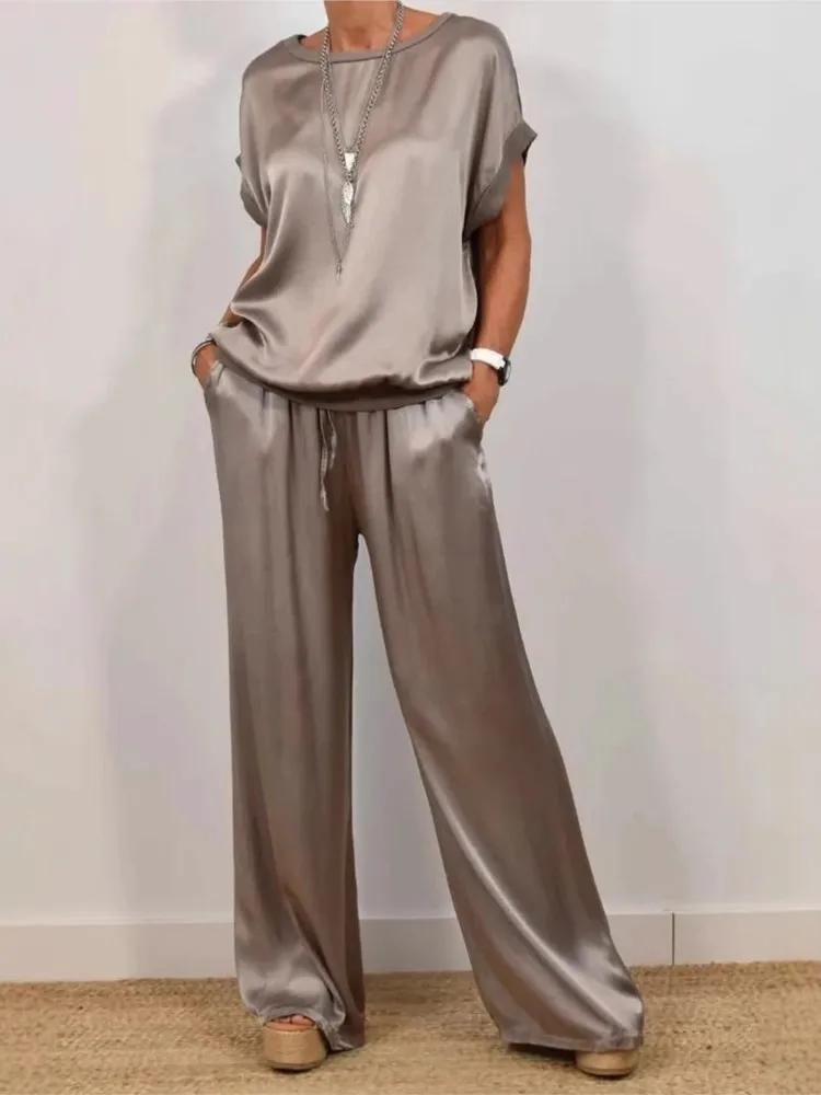Simple satin women's suit summer fashion casual short sleeved loose top wide leg pants two-piece set