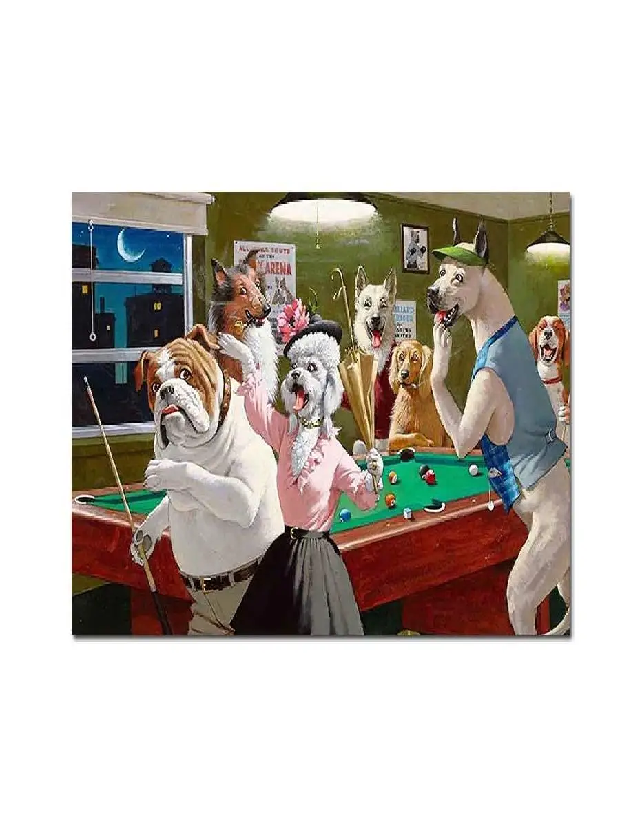 Playful Pets Canvas Art Dogs Playing Pool  Poker Fun Animal Wall Decor for Living Room