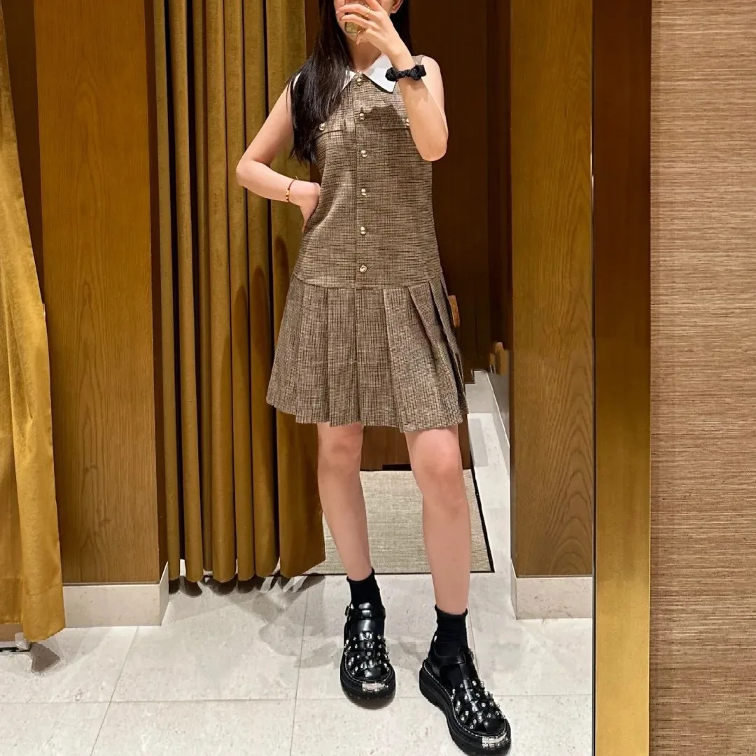 Women's Short Robes 2024 New Spring Summer Plaid Turn Down Collar Single Breasted Vintage Sleeveless Dress