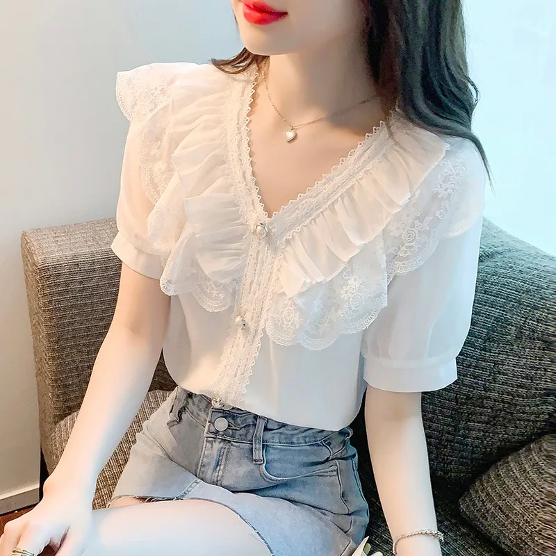 

Summer Chiffon Lace Blouses Women 2025 Elegant Fashion White Blusas Femininas Casual Slim Vintage Puff Sleeve Ladies Tops Mujer