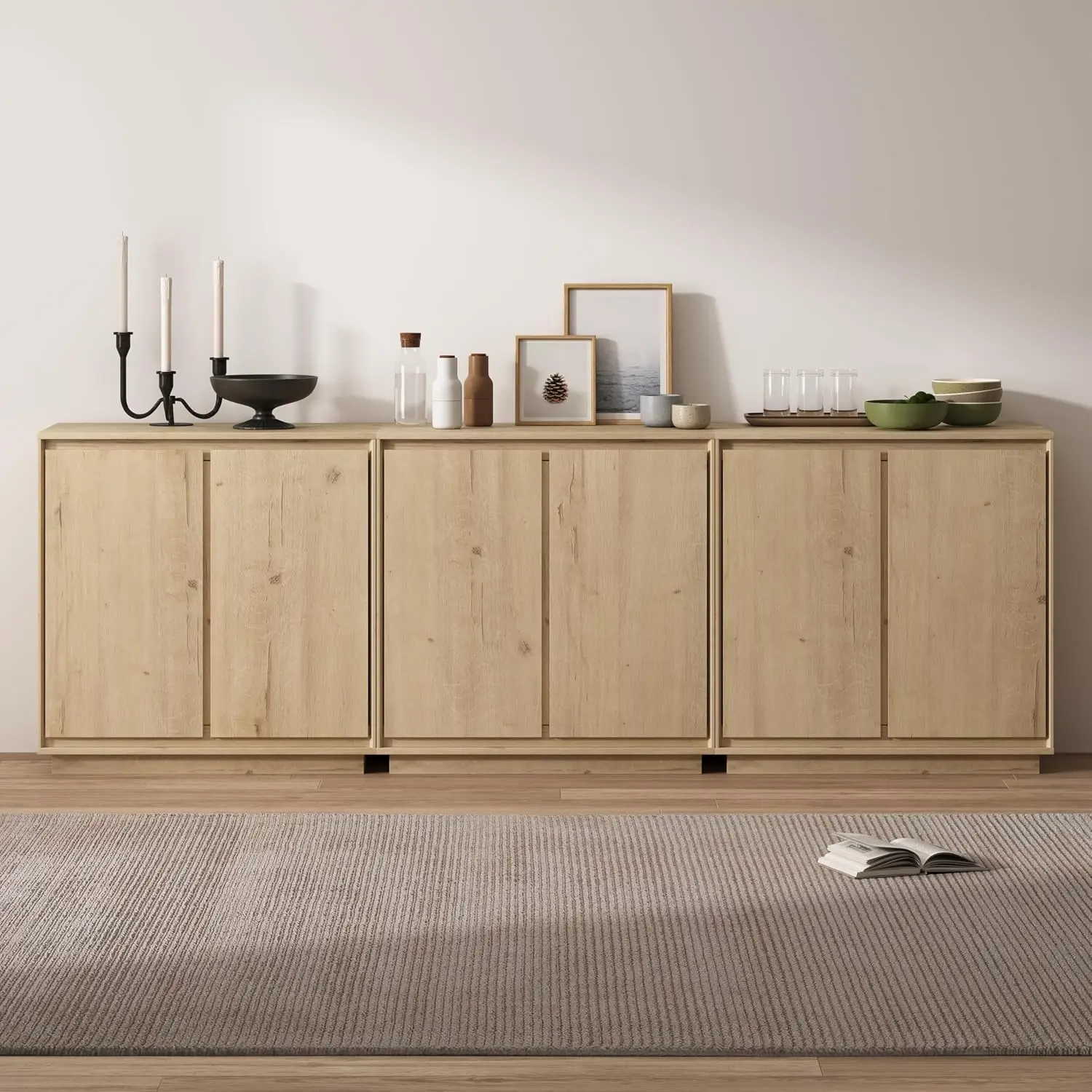 3pcs Sideboard Buffet Cabinet with Adjustable Shelves & Handle-Free Design for Kitchen Hallway Living Room Light Oak, Customized