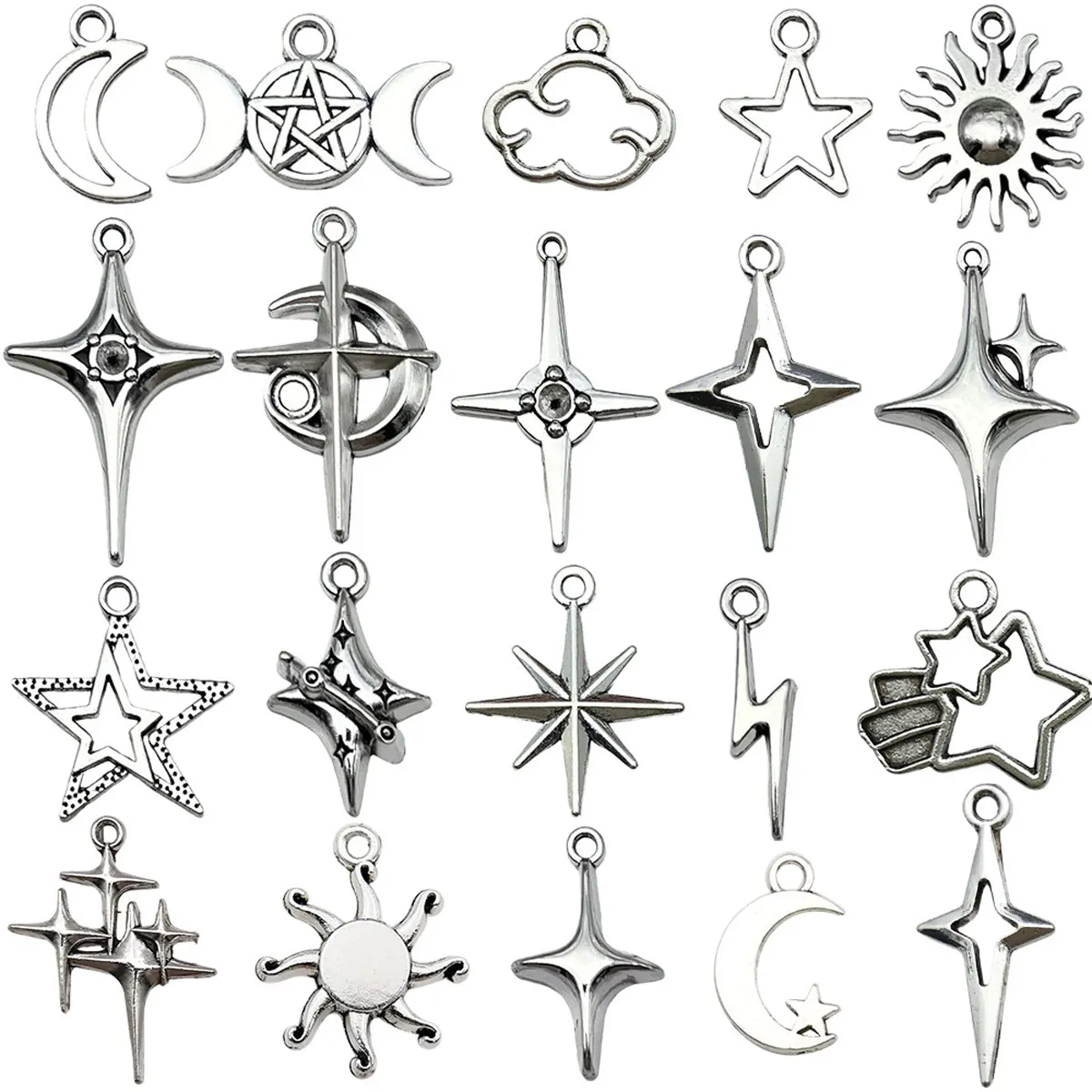 

200Pcs Mixed Silver Tone Star Moon Sun Metal Pendants For Charm Bracelets Jewelry DIY Charms