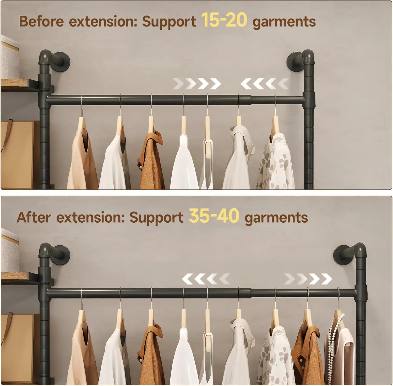 Rustic Brown Wall Mounted Industrial Pipe Closet Organizer System with 6 Wooden Shelves & 4 Telescopic Garment Rods, Heavy Duty Clothing Storage Rack for Wardrobe view 3