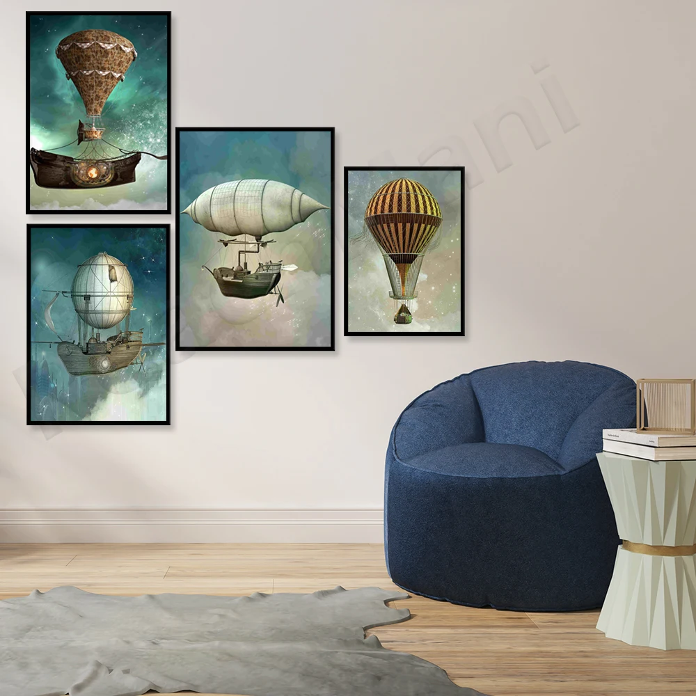 Impressão de pôster de arte de balão de ar quente de fantasia mágica, pôster de arte de parede de estilo de fantasia vitoriana vintage