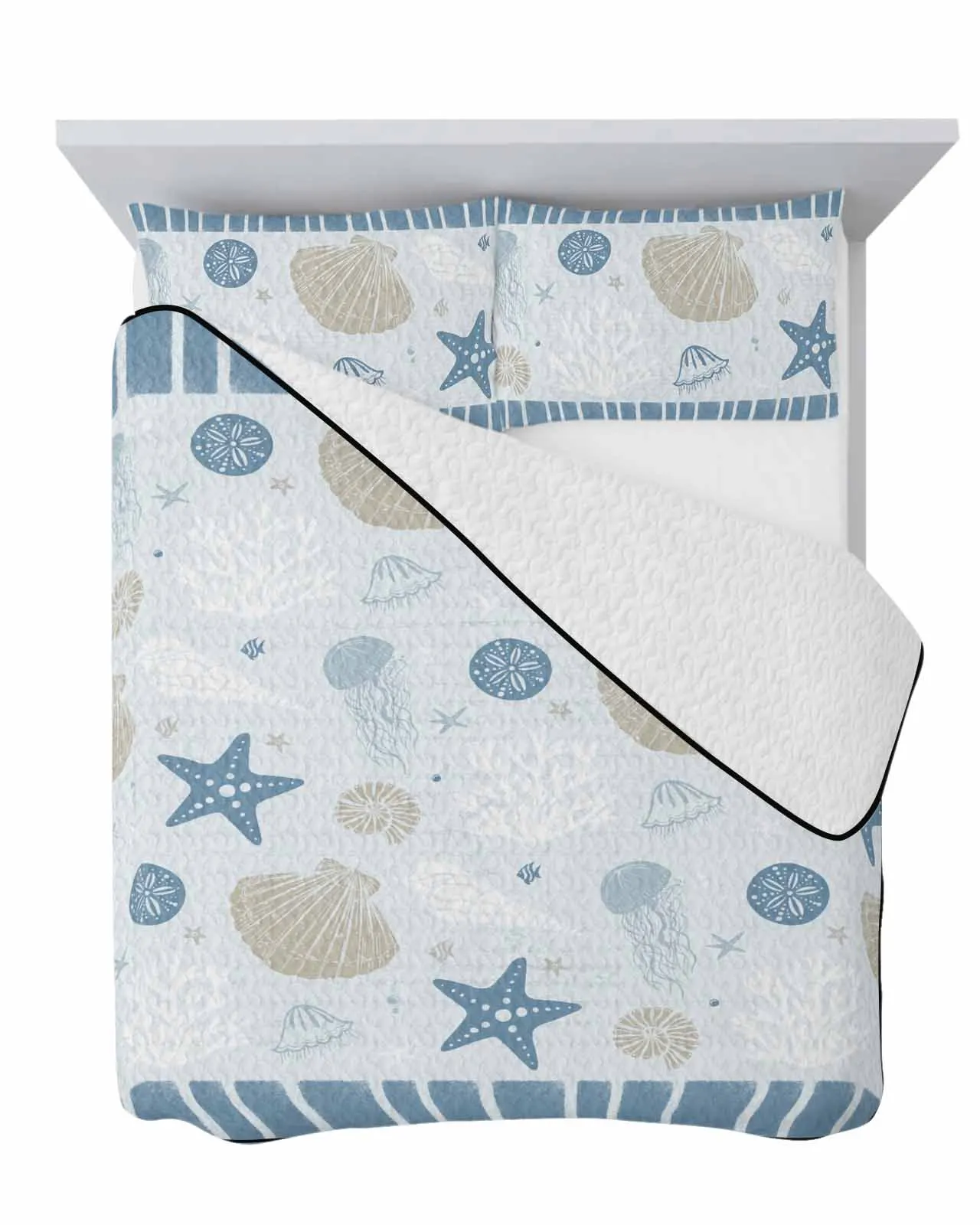 Ocean Striped Starfish Shell Jellyfish Coral Conch Blue Summer Cooling Quilt Air Condition Blanket Lightweight Thin Quilt