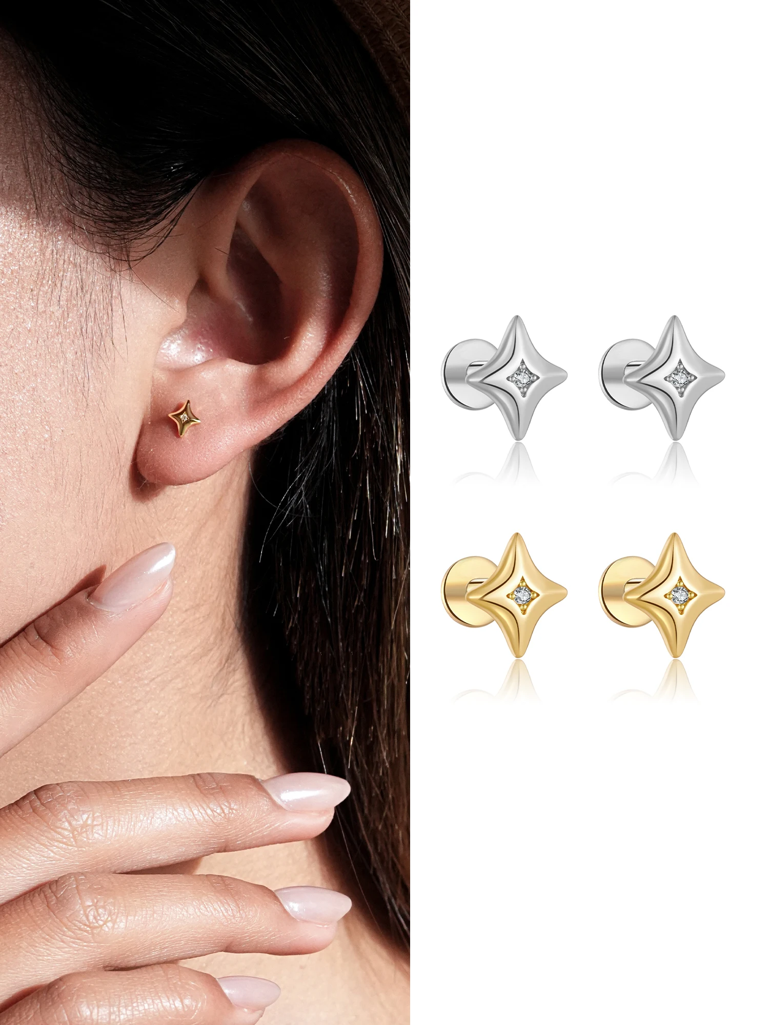 ANDYWEN 925 Silver Star CZ Flat Back Labret Stud, Internal Thread Cartilage Lip Piercing Pair, Hypoallergenic Gift Box