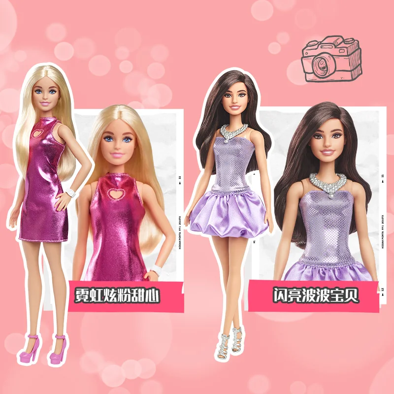

Original Barbie Doll Fashionistas Blond Hair Pink Dress Bracelet Silvery Necklace Toys For Girls Dolls Accessories Birthday Gift
