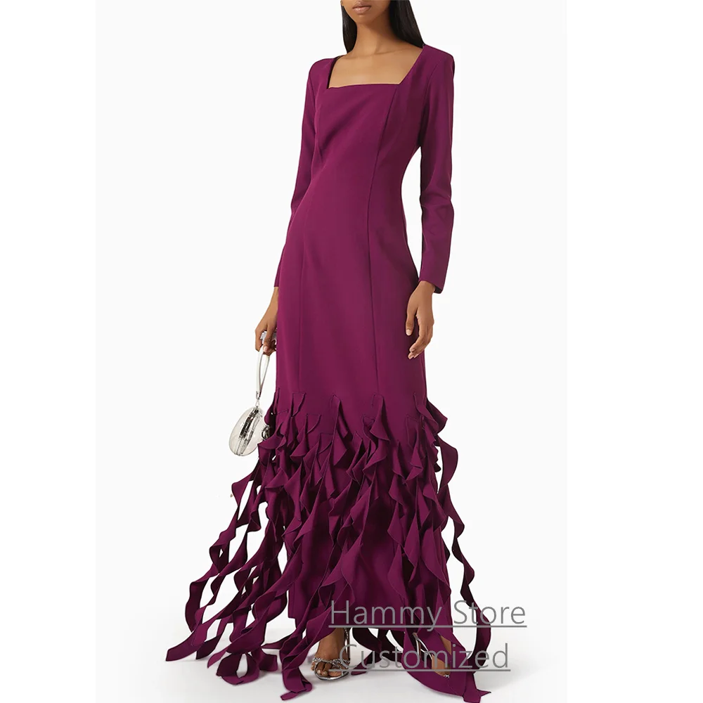 فستان سهرة بشرابة مخصص برقبة مربعة وأكمام طويلة بطول الأرض وفتحة خلفية مناسبة رسمية فساتين حفلات عربية