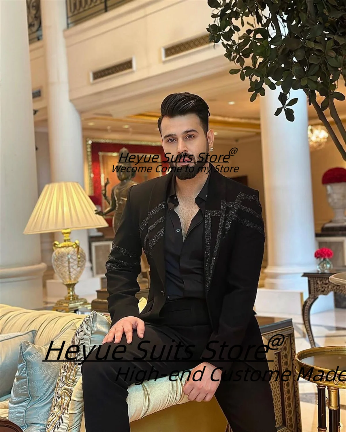 

Luxuly Black Prom Men Suits Shiny Diamond Groom Wedding Tuxedos Slim Fit 2 Pcs Sets Customized Male party Blazers Costume Homme