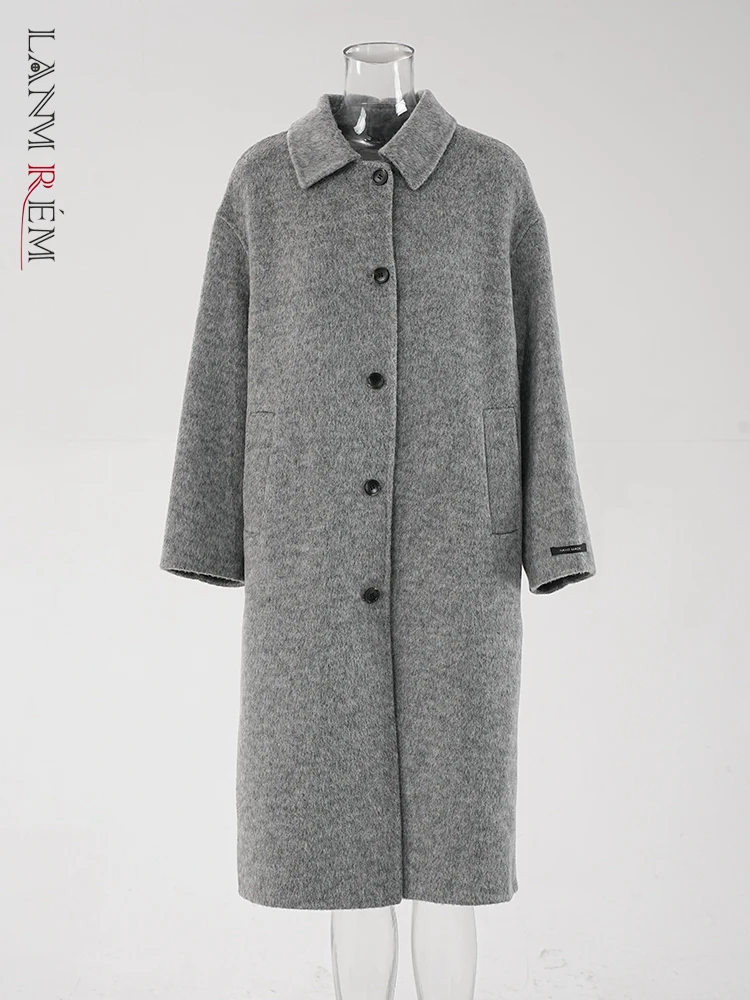 

LANMREM Fashion Gray Double Sided Woolen Coat For Women Lapel Single Breasted Solid Color Coats 2024 Autumn New Clothing CPG1887