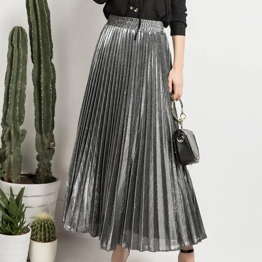2026 Women Maxi Skirt Elastic High Waist Pleated Golden Long Skirt Slimming Design Spring Summer Skirt Work Leisure Travel Wear