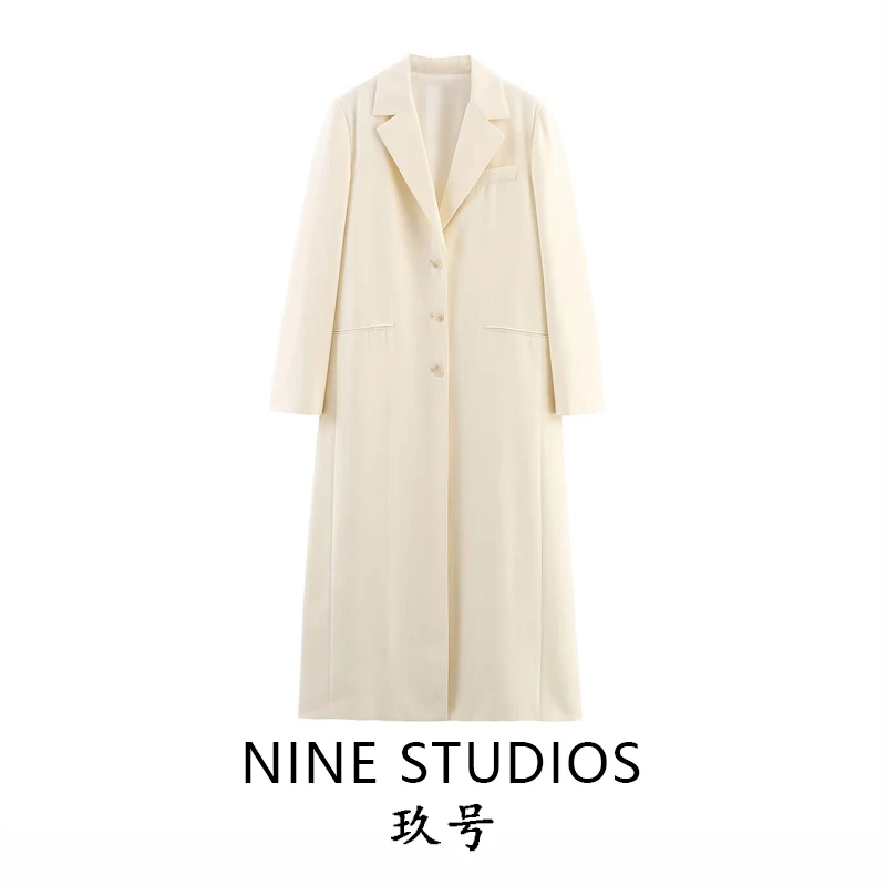 

NINE ZA Women's Loose Long Single-Button Coat Vintage Color Outerwear Commute Sle Regular Sve Busin Collar