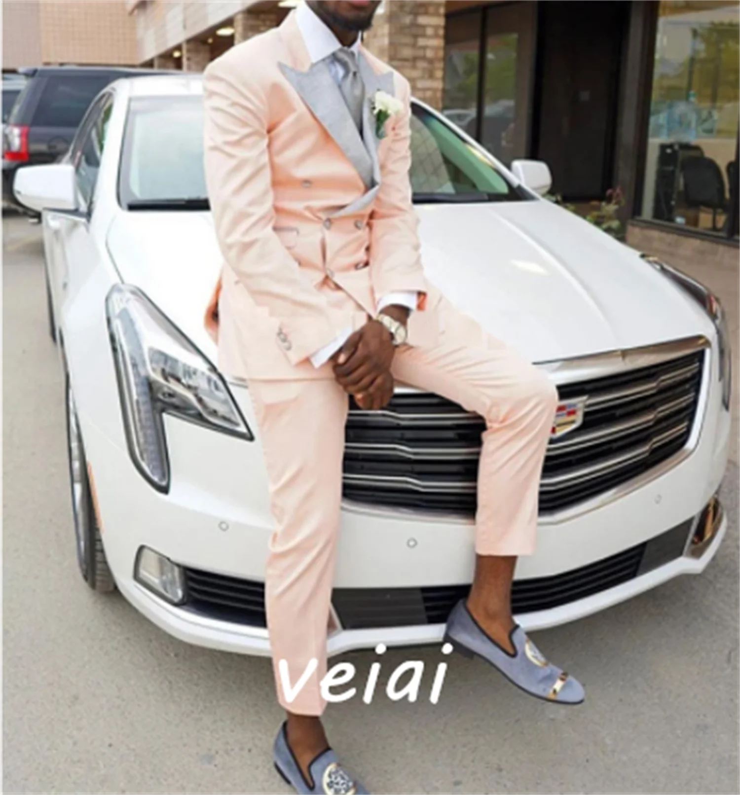 

CustomizedSlim fit Light Pink Prom Men Suits with Double Breasted 2 piece Custom Wedding Tuxedo for Groomsmen Gray Lapel Man Fas