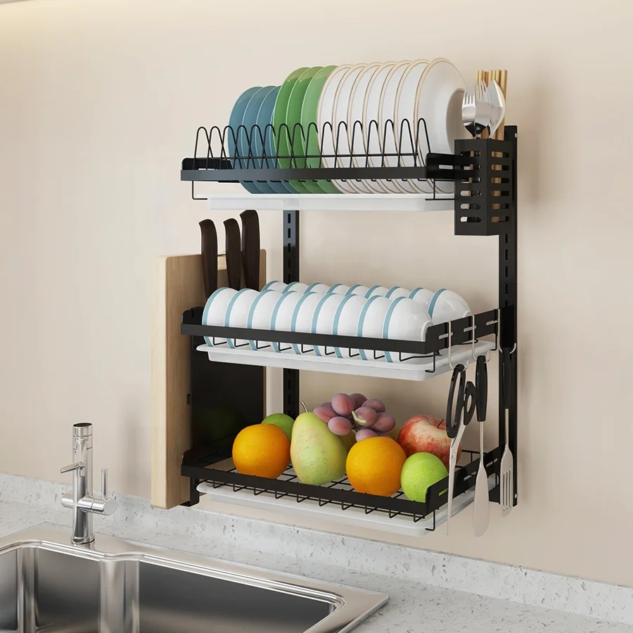 

3 Tiers Wall Mounted Dish Drying Drainer Hanging Rack Stainless Steel With PP Water Tray 201 Stainless Steel Dish Rack For Hotel