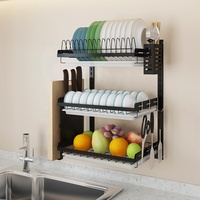 3 Tiers Wall Mounted Dish Drying Drainer Hanging Rack Stainless Steel With PP Water Tray 201 Stainless Steel Dish Rack For Hotel