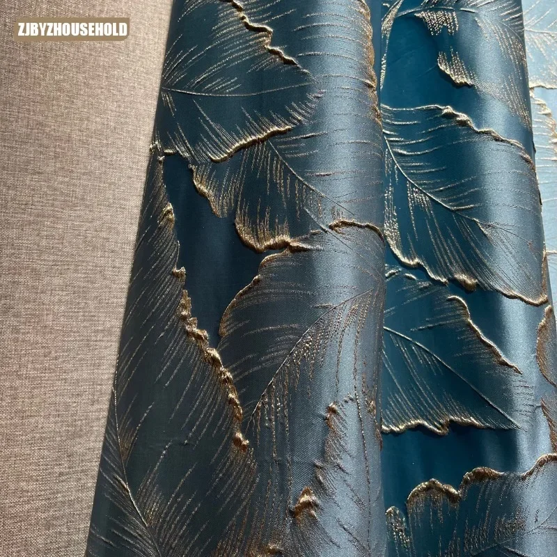 

1PC Dark Blue Embossed Three-dimensional Gold Silk Leaves Modern Light Luxury Curtains for Living Dining Room Bedroom Blackout