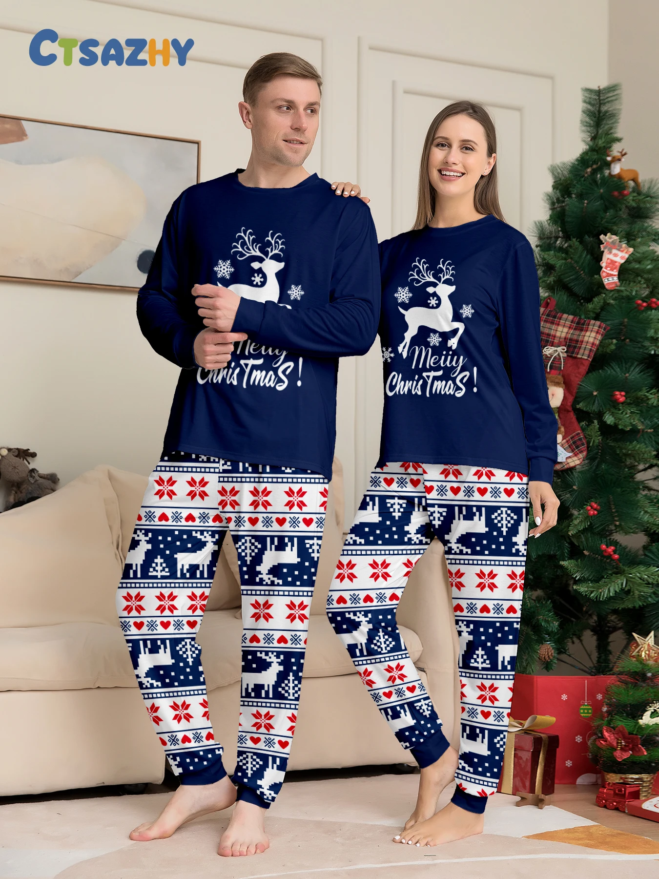 

Christmas Couple Pajamas Set Long Sleeve Navy Blue Reindeer "Merry Christmas" & Fair Isle Heart Print Sleepwear